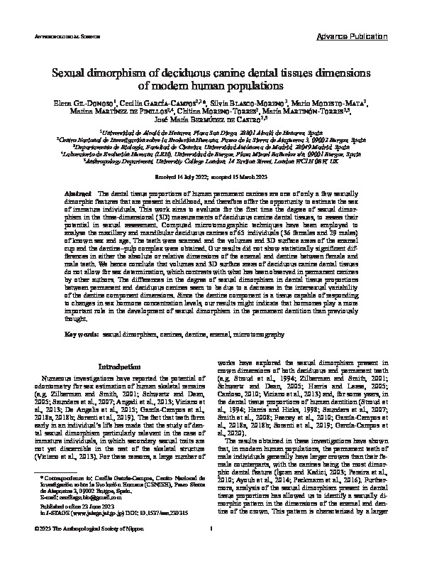Sexual dimorphism of deciduous canine dental tissues dimensions of modern human populations